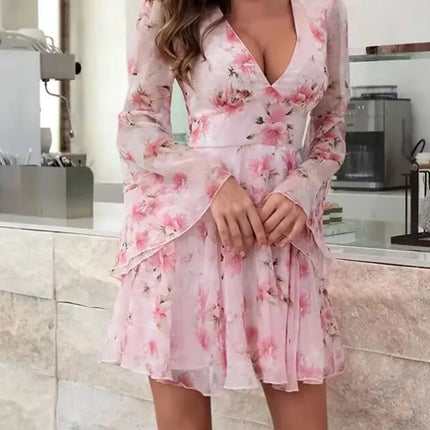 Summer Dresses Women 2025 Sweet Floral Print Bell Sleeve Plunge Dress Sexy V Neck Party Female Dress for Girl Beautiful Clothes