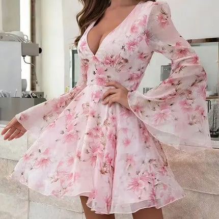Summer Dresses Women 2025 Sweet Floral Print Bell Sleeve Plunge Dress Sexy V Neck Party Female Dress for Girl Beautiful Clothes