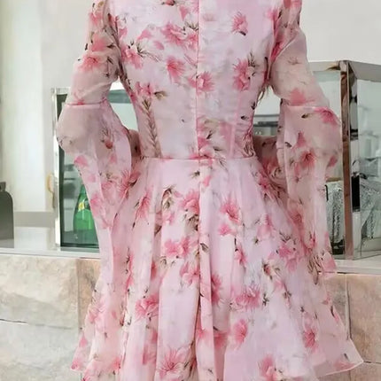 Summer Dresses Women 2025 Sweet Floral Print Bell Sleeve Plunge Dress Sexy V Neck Party Female Dress for Girl Beautiful Clothes