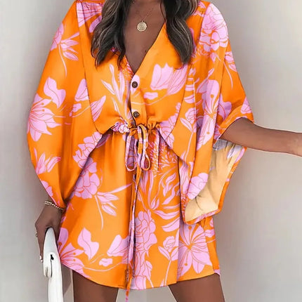 Summer Dress For Women 2024 New Floral Print Bat Half-Sleeve V-Neck Ruffle Irregular Hem Female Dress Casual Boho Women Clothes