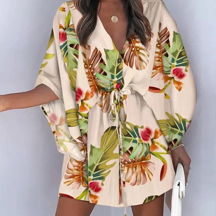 Summer Dress For Women 2024 New Floral Print Bat Half-Sleeve V-Neck Ruffle Irregular Hem Female Dress Casual Boho Women Clothes